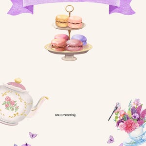 May include: A watercolour design with a purple banner reading "THANK YOU". A tiered stand displays colourful macarons. A teapot, flowers, butterflies, and the text "JESSLUXE CREATIONS" are also featured.