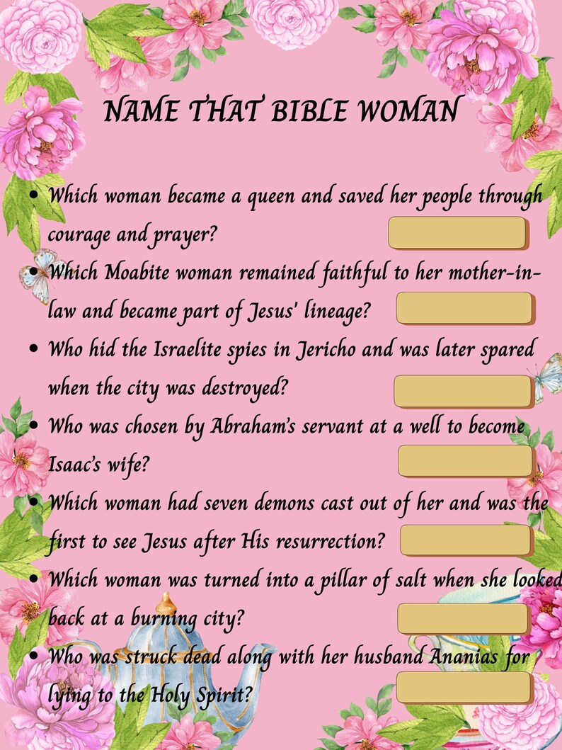 May include: A pink quiz game titled "NAME THAT BIBLE WOMAN" with questions about biblical women. The design includes pink floral decorations and green foliage around the edges.