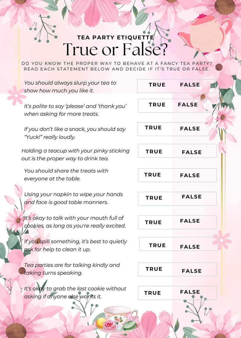 Tea Party Etiquette Printable Game, Printable Tea Party Trivia True or ...