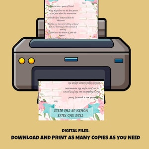 May include: A printer with a printed sheet titled "True and False Women of the Bible." The sheet features a floral design and questions about biblical figures. The text "Digital Files. Download and print as many copies as you need" is at the bottom.