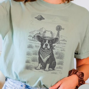 Boston Terrier Shirt, Boston Terrier Retro UFO Western Shirt, Vintage Dog T-Shirt, Cowboy TShirt, Dog Mom, Dog Dad, Comfort Colors
