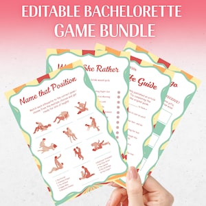 May include: A bachelorette game bundle featuring several game cards. The cards have a yellow and teal border with red accents. The text "Name that Position" and "She Rather" are visible. The image includes silhouettes and fill-in-the-blank prompts.