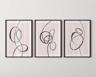 Minimalistische Illustration 3er Set: Abstraktes Schwarz Weiß Wandbild (Digitaler Download)