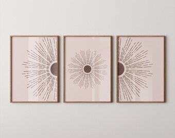 Sunburst Mid Century Modern Art Print in Beige Shades - Boho Wall Decor