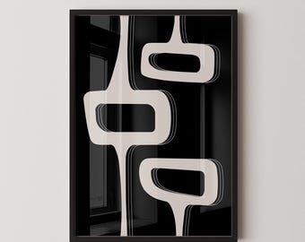 Mid Century Modern Soyut Duvar Sanatı | Siyah Beyaz Retro Poster | Minimalist Geometrik Dijital Baskı