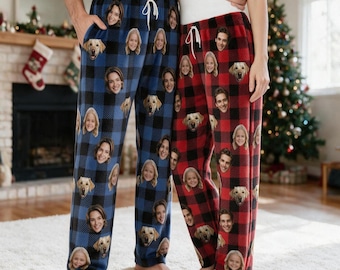 Custom Face Flannel Pajama Pants, Personalized Pet Photo Pjs, Matching Couple Christmas Sleepwear