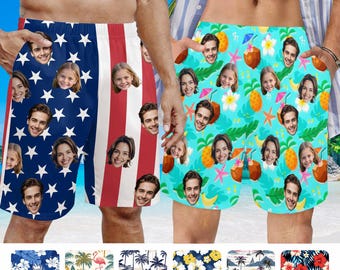 Custom Face Mens Swim Trunks, Personalized Photo Beach Shorts, Father's Day Gift