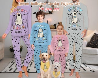 May include: Custom Halloween pajama sets in various colors, featuring a ghost graphic and the text "Spooky Season." The sets include long-sleeved tops and matching pants. The text "Mommy," "Dylan," "Ashley," and "Daddy" are printed on the tops.