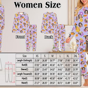 May include: A size chart for pajamas with measurements in inches. The chart shows the length of the clothing, bust, sleeve, length of the trousers, hips, and waist for sizes XS, S, M, L, XL, and 2XL.