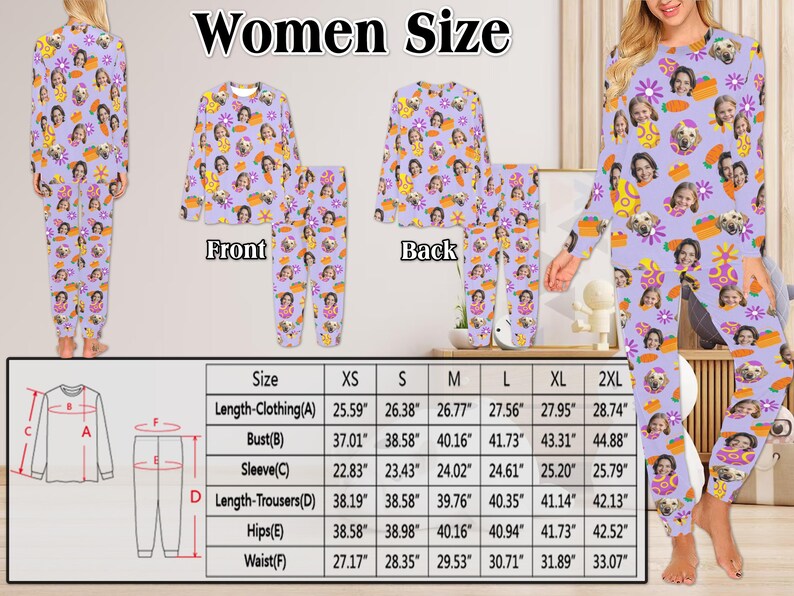 May include: A size chart for pajamas with measurements in inches. The chart shows the length of the clothing, bust, sleeve, length of the trousers, hips, and waist for sizes XS, S, M, L, XL, and 2XL.