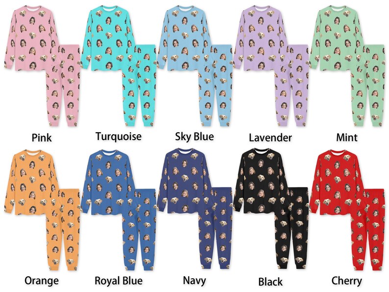 May include: Ten pairs of pajamas with different colored tops and bottoms. Each pair features a repeating pattern of a dog's face. The colors are pink, turquoise, sky blue, lavender, mint, orange, royal blue, navy, black, and cherry.