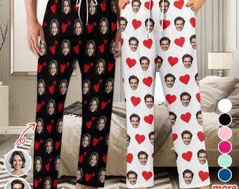 Custom Photo Pajama Pants, Personalized Face and Red Heart Bottom for Men Women