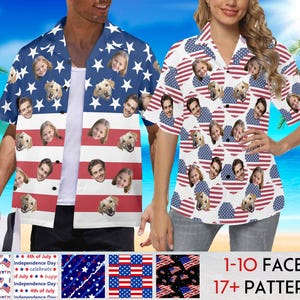 May include: Two short-sleeved button-down shirts with a patriotic theme. One shirt features a blue star pattern on the top and red and white stripes on the bottom. The other shirt has a white background with red and blue heart-shaped patterns. Both shirts have faces printed on them. The text "1-10 FACES 17+ PATTERNS" is visible.