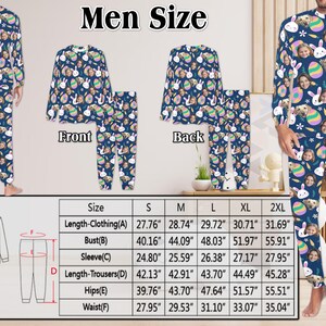 May include: A size chart for pajamas with a blue and white Easter egg and bunny pattern. The chart shows measurements in inches for sizes S, M, L, XL, and 2XL. The measurements include length, bust, sleeve, length of trousers, hips, and waist.