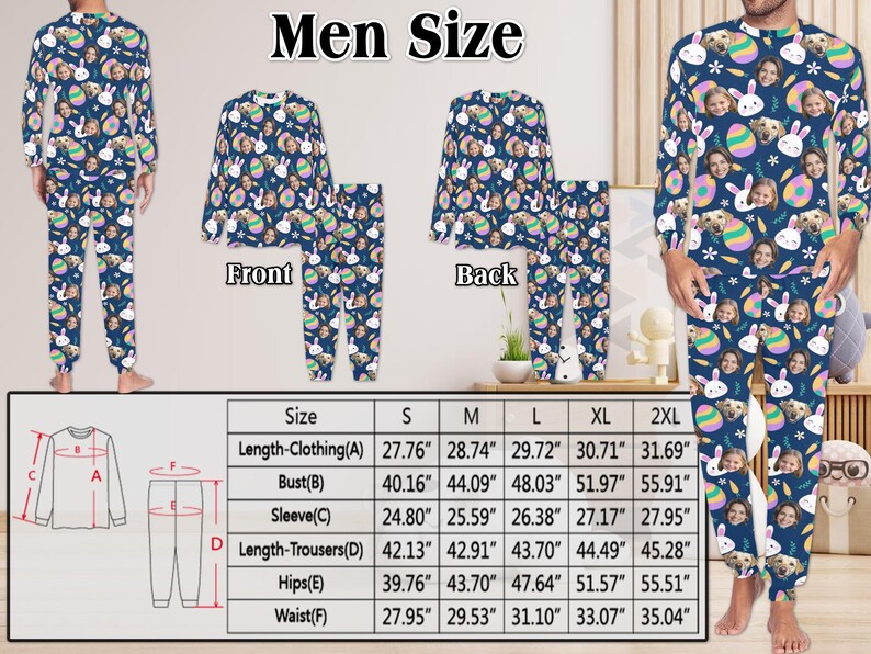 May include: A size chart for pajamas with a blue and white Easter egg and bunny pattern. The chart shows measurements in inches for sizes S, M, L, XL, and 2XL. The measurements include length, bust, sleeve, length of trousers, hips, and waist.