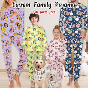 May include: A family of four wearing matching custom pajamas with a pastel Easter egg pattern. The pajamas feature photos of people's faces. The text "Custom Family Pajama" and "1-10 faces free" is displayed above the family.