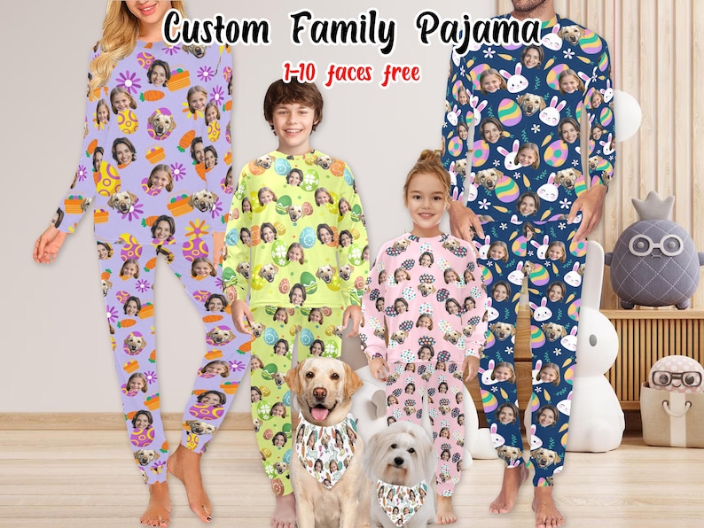 May include: A family of four wearing matching custom pajamas with a pastel Easter egg pattern. The pajamas feature photos of people's faces. The text "Custom Family Pajama" and "1-10 faces free" is displayed above the family.