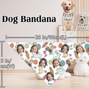 May include: A white dog bandana with a colorful Easter theme. The bandana features a variety of cartoon faces, including dogs and people, along with carrots, eggs, and bunnies. The bandana measures 26 inches long and 13 inches wide.