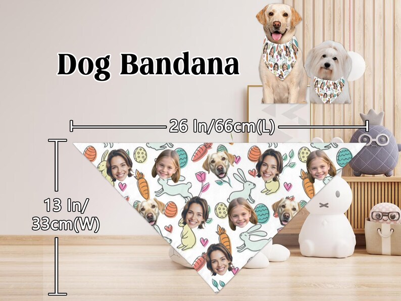 May include: A white dog bandana with a colorful Easter theme. The bandana features a variety of cartoon faces, including dogs and people, along with carrots, eggs, and bunnies. The bandana measures 26 inches long and 13 inches wide.