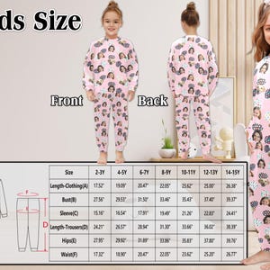 May include: Size chart for kids pajamas with a pink background and a pattern of faces. The chart shows measurements in inches for different sizes, including length, bust, sleeve, length of trousers, hips, and waist.