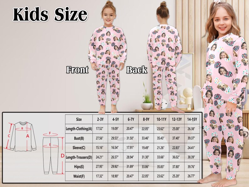 May include: Size chart for kids pajamas with a pink background and a pattern of faces. The chart shows measurements in inches for different sizes, including length, bust, sleeve, length of trousers, hips, and waist.