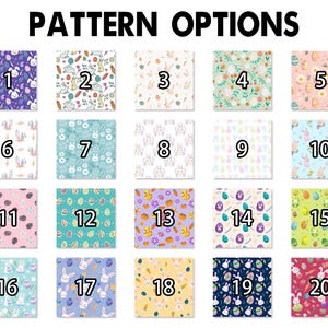 May include: A chart with 20 different Easter-themed patterns. Each pattern is in a square and numbered 1 through 20. The patterns include bunnies, eggs, flowers, and other Easter symbols.