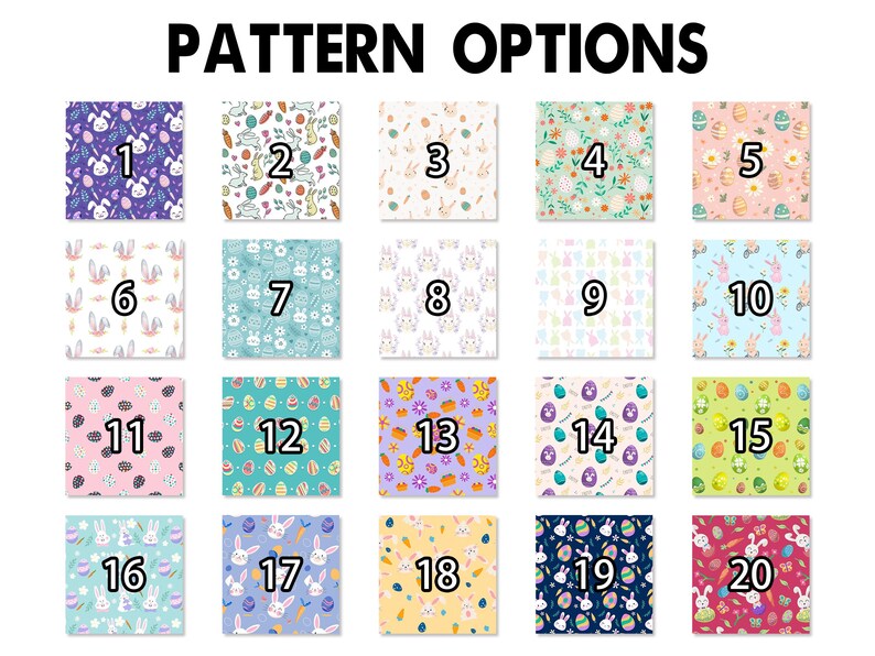May include: A chart with 20 different Easter-themed patterns. Each pattern is in a square and numbered 1 through 20. The patterns include bunnies, eggs, flowers, and other Easter symbols.