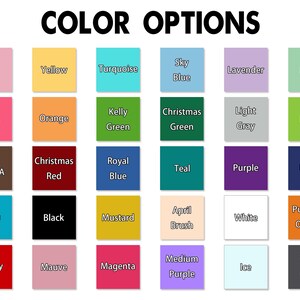 May include: A color chart with 36 different color swatches. The colors are arranged in a grid of six rows and six columns. The colors include pink, yellow, turquoise, sky blue, lavender, mint, rose, orange, kelly green, Christmas green, light gray, lime, cocoa, Christmas red, royal blue, teal, purple, navy, aqua, black, mustard, April brush, white, pumpkin orange, cherry, mauve, magenta, medium purple, ice, and slate gray.