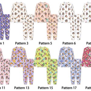 May include: Ten different patterns of pajamas with long sleeves and pants. Each pattern features a different Easter-themed design with a repeated image of a person's face. The patterns include purple, white, pink, light blue, and red.