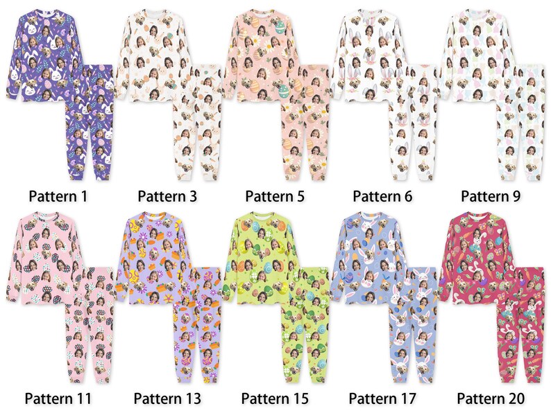 May include: Ten different patterns of pajamas with long sleeves and pants. Each pattern features a different Easter-themed design with a repeated image of a person's face. The patterns include purple, white, pink, light blue, and red.