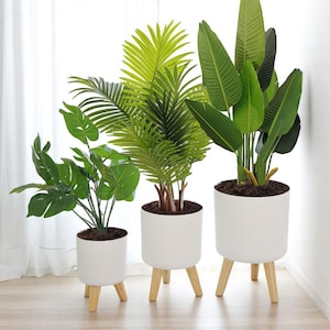Ästhetischer runder Blumentopf mit Holzbeinen, Kunststoff Innenpflanzentopf, Wohnzimmerdekor, Bonsaitopf, großer Topf mit Füßen, Wohnkulturgeschenk