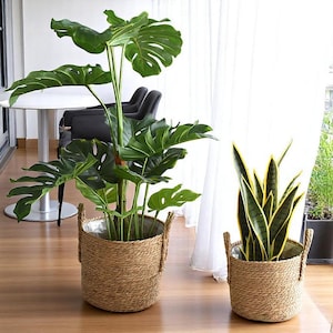 ユニークな大型編み込みプラントホルダー、手作りの麦わら編み植木鉢ホームデコレーション、竹製収納バスケット、編み込みランドリー収納、ホームデコレーションギフト