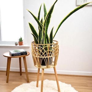 Gewebter Innen-Blumentopf, künstlerischer Rattan-Blumentopf mit Holzbeinen, Wohnzimmerdekor, Bonsai-Topf, großer Topf mit Füßen, Wohnkultur-Geschenk