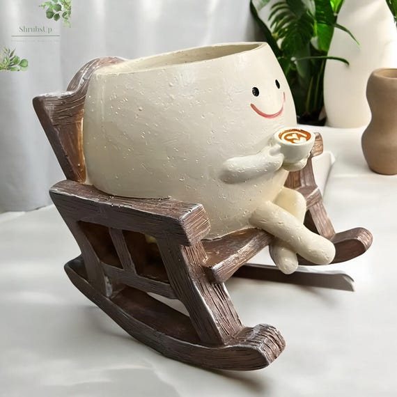 Smiley-Gesicht Pflanzgefäß Aus Kunstharz – Niedlicher Schaukelstuhl-Topf Mit Ablaufloch | 10x12x11,8 Cm Für Sukkulenten & Zimmerpflanzen