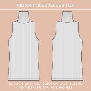 May include: A technical drawing of a rib knit sleeveless top with a turtleneck collar. The illustration shows the front and back views of the garment. Text at the bottom reads "TECHNICAL DRAWINGS - COLORWAY CADS - SIZE SPEC".