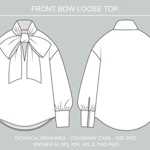 Work Wear Front Bow Loose Top Editable CAD Vector Fashion Flats Technical Drawing Mock-Up Plus Free Size Spec Template