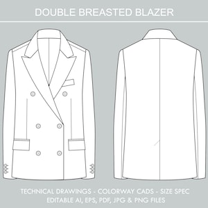 Puede incluir: Un dibujo técnico de una chaqueta de doble botonadura, que muestra las vistas frontal y posterior. La chaqueta tiene un diseño clásico con solapa de muesca, cuatro botones y dos bolsillos.