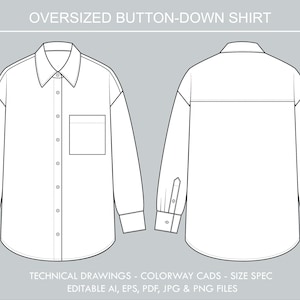 May include: Technical drawing of a white oversized button-down shirt, front and back views. Includes a collar, button-down front, chest pocket, and long sleeves with buttoned cuffs. Text at the top reads "OVERSIZED BUTTON-DOWN SHIRT".