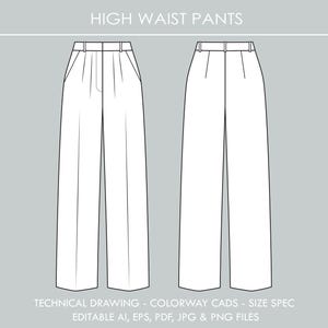 Work Wear High Waist Pants Editable CAD Vector Fashion Flats Technical Drawing Mock-Up Plus Free Size Spec Template