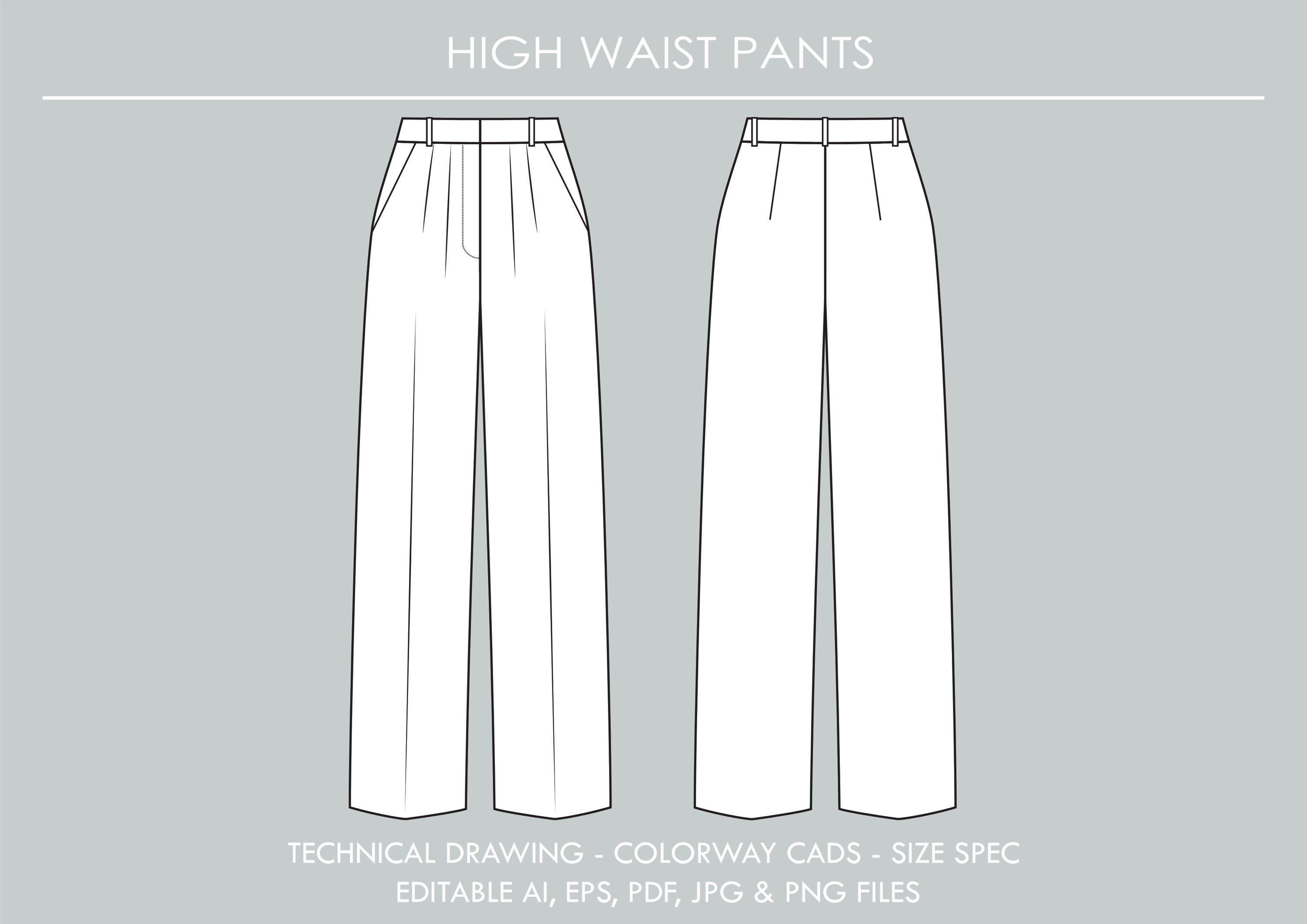 Work Wear High Waist Pants Editable CAD Vector Fashion Flats