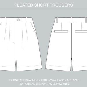 May include: Technical drawing of pleated short trousers, front and back views, in white on a gray background. Features include a button closure, belt loops, and pockets. Text at the top reads "PLEATED SHORT TROUSERS". Bottom text includes "TECHNICAL DRAWINGS".