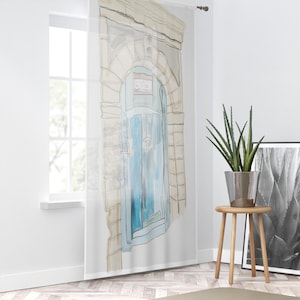 Essaouira Morocco Sheer Curtain: Blue Doorway Art, Lightweight Polyester