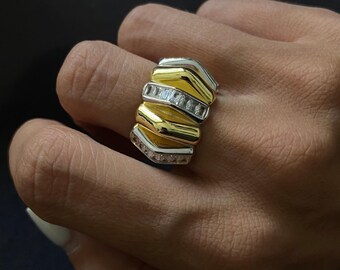Wide Art Deco Ring Two-tone ft. Ridges & Baguette CZ Diamonds • 925 Solid Silver Statement 14K Gold Plated Chunky Cocktail Ring • Wife Gift