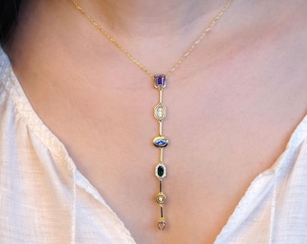 Gold Plated Sterling Silver Lariat Necklace • Multicolor CZ Gemstone Y Drop