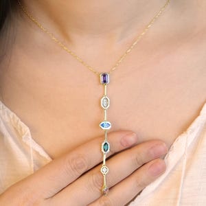 Lariat Necklace with Bezel Colored Gemstones in 925 Solid Silver & 14K Gold Plating • Long Y Drop Cable Chain Necklace • Birthday Gift
