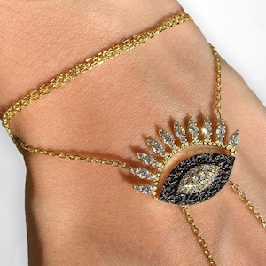 Pulsera de mano con anillo de dedo y ojo malvado, plata 925 • Pulsera de cadena de mano con circonita cúbica, joyería bohemia protectora contra el mal de ojo, regalo para ella