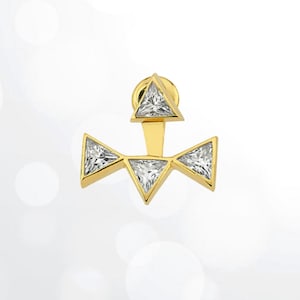 Aretes tipo chaqueta 2 en 1 con diamantes triangulares de circonita cúbica • Plata de ley 925 y baño de oro de 14 quilates • Aretes delanteros y traseros • Joyas versátiles para regalar a tu esposa