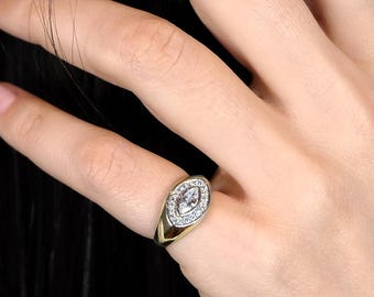 Gold Pinky Ring ft. Marquise CZ Diamond • 925 Solid Silver & 14K Gold Pinkie Ring • Handmade Eye Signet Ring • Protective Minimalist Jewelry