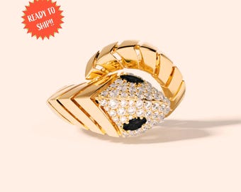 Gold Plated Snake Ring • Sterling Silver, Pavé CZ Serpent Jewelry