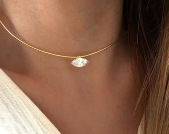 Marquise Solitaire Pendant Necklace • 925 Solid Silver & 14k Gold Plated Marquise Choker • Diamond Charm Necklace • Wife Gift Jewelry